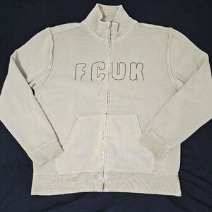 FCUK Jeans Full Zip Sweatshirt Jacket – XXL (Fits XL–2XL Slim) Beige Distressed